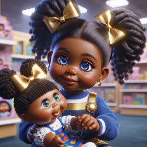 Create a 3-D image of an african-American little girl inside of a medium size, toy store. The little girl has thick long, ponytails and huge blue eyes. She has on a gold and blue jumpsuit with matching bows, She is playing with her favorite african-American cabbage patch doll, the doll has deep, dimples, and freckles and looks just like her