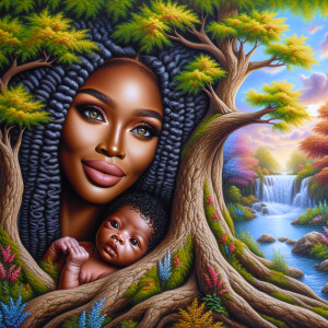 Create a close-up, hyper-realistic 3-D oil painting of a tree wi...