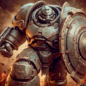 Create an image of a colossal, armored juggernaut character plowing through a battlefield, unfazed by the chaos around him, with visible dents and scratches on his armor, indicating his experience in war.