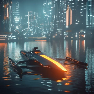 Depict a sleek, futuristic rowboat gliding over a shimmering met...