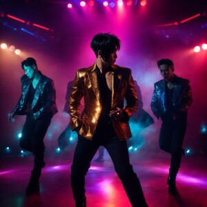 "A dynamic K-pop artist stands center stage, illuminated by vibr...