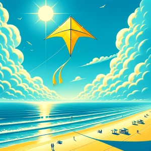 A yellow kite in air on a beach