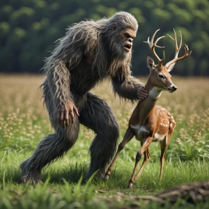 A humanoid looking scraggly hair covered sasquatch grabbing  a r...