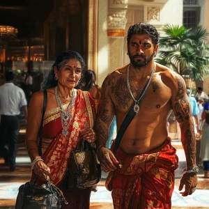 Digital art Realism.A sweaty  man walking with his mother in law...