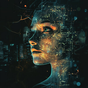 Vector-style realistic woman with a futuristic twist: her skin p...