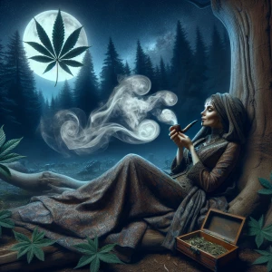 "In the heart of an enchanting forest glade, a mysterious witch reclines against an ancient tree, drawing fragrant, swirling smoke from a herbal pipe. The night air is calm, and the moonlight casts a gentle glow around her, illuminating her serene expression. Behind her, the backdrop features a stylized illustration of a five-lobed plant leaf, crafted with delicate artistry. The scene balances a sense of mystical tranquility with the natural beauty of her woodland sanctuary."