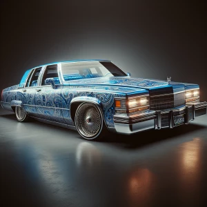 1992 Cadillac Fleetwood with blue metallic paisley print reflect...