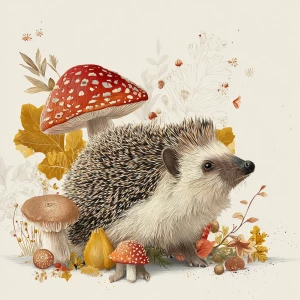 Centered hedgehog beside mushroom, vintage illustration, autumn...