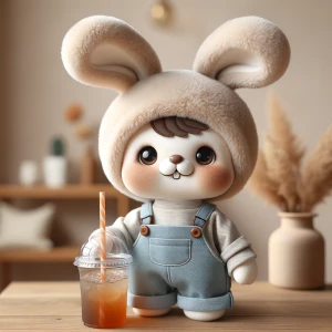 A cute vinyl plush doll wearing a fluffy beige rabbit hat with l...