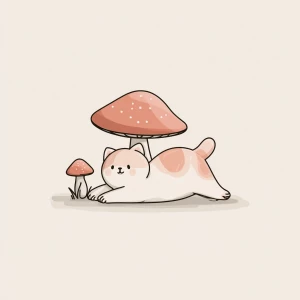 Kawaii style cat stretching under mushroom, soft color palette,...