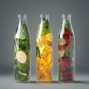 设计一款蔬菜汁，蔬果汁，无添加那种用透明瓶子装的