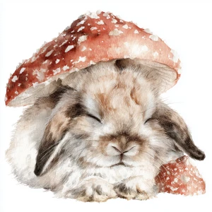Fluffy rabbit sleeping peacefully under spotted mushroom, waterc...