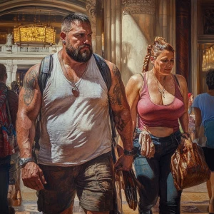 Hyperrealism.A sweaty man walking with his mother in law with n...
