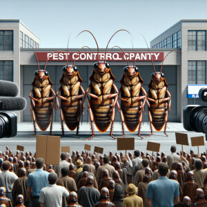 Illustrate 4 Roaches protesters in front of  pest control Compan...
