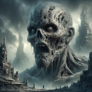 Create an ultra-realistic image of a massive humanoid monster wi...