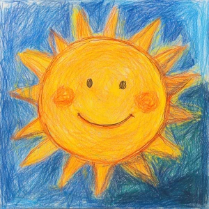 A crayon drawing of a very vibrant yellow sun