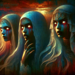 Three ghostly women, red eyes, red tears, pale skin, dark backgr...