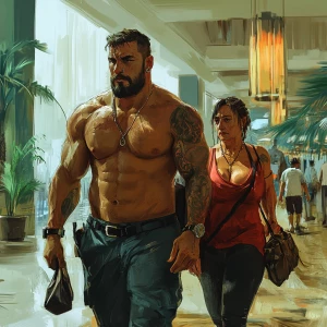 Digital painting.A sweaty  man walking with his 54 year old moth...