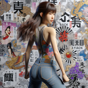 Athletic Thin skinny Attractive, Asian teenage girl, long brown hair and bangs, wearing tight skinny jeans and a halter top paint marks on her clothing, heroic pose Asian graffiti background, backside view