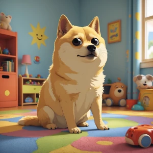 baby meme DOGE in children room, use pixar and satirical art sty...