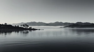 A serene Japanese zen landscape with soft white mist drifting ov...