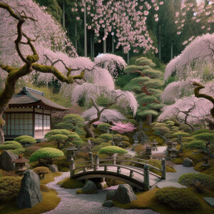 A serene landscape of a Japanese cherry blossom garden.