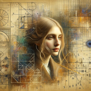 Abstract, minimalist, art cardiogram, charts complex, mathematical formulas, spontaneous lines, and paint marks, paint in hair, golden ratio