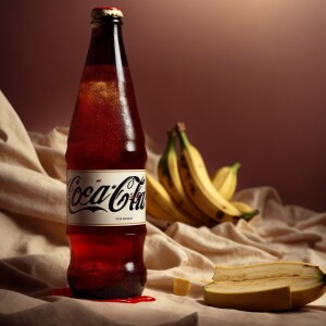 Create an image of a glass bottle of Coke Zero with a creamy ban...