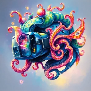 A whimsically fantastical VR headset crafted with intricate swir...
