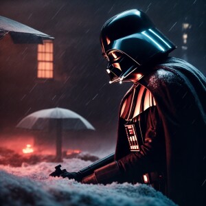 Darth vader, on snowy world, cinematic, surrounded by imperial t...