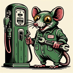 A cartoonish bugged eye green rat fink in a mechanics jumpsuit,...
