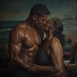 hyperRealism photo painting.a muscular sweaty indian man carin...