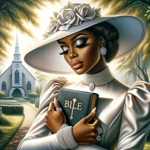 Render an airbrush oil painting of an African American woman with flawless makeup in a
contemplative pose, holding a Bible close to her heart, dressed in an elegant Sunday Best
outfit with a distinctive Church Hat. The background features a peaceful church garden,
with light filtering through the trees, highlighting her spiritual connection and the personal
moment of reflection. The artwork should capture the tranquility of the scene, the beauty
of her attire, and the depth of her contemplation, reflecting a serene and spiritually