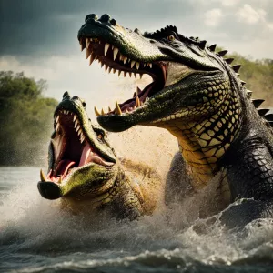 A dramatic scene of two large crocodiles engaged in a fierce bat...
