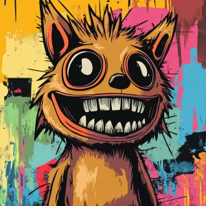 Stylized character portrait of a mischievous designer toy creat...