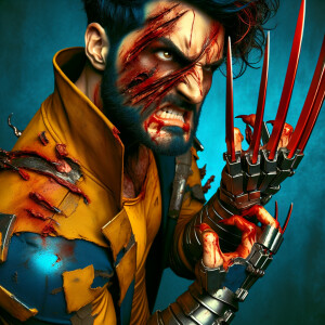 Wolverine with adamantium claws, torn iconic yellow and blue cos...