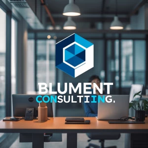 経営コンサル会社「Blument Consulting.」のロゴ グレー、紺色、ワ...