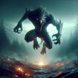 a hyper-realistic portrait of a jumping beast, lunging towards t...