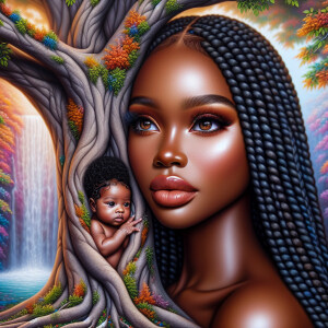 Create a close-up, hyper-realistic 3-D oil painting of a tree wi...