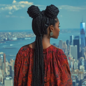 African American woman on rustic tropical Island over looking NY...