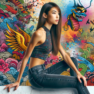 Very thin Athletic Thin skinny Attractive, Asian teenage girl, long brown hair and bangs, wearing tight skinny jeans and a halter top paint marks on her clothing, sitting side view heroic pose Asian graffiti