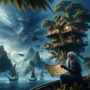 A gray-haired fisherman holds an old map in his hands and sails...