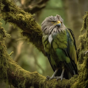 In a secluded forest clearing, a wild grungy harpy perches on a gnarled tree branch, her tangled feathers a mix of earth tones and mossy greens. With piercing golden eyes and a beak sharp as a dagger, she exudes an air of untamed beauty and danger. The image is a striking photograph, capturing every gritty detail with exquisite clarity and depth. Each feather and claw is rendered with stunning realism, further enhancing the raw power and mystery of this mythical creature. The viewer is irresistibly drawn into the enchanting world of the harpy, where nature's primal essence reigns supreme.