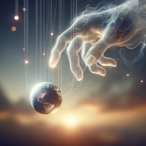 A static shot: A translucent hand suspended in the air controls...