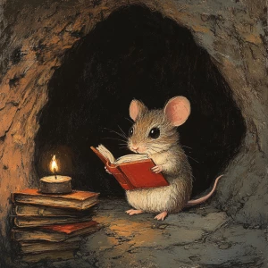 A small mouse, light brown and gray in color, is depicted in a stylized illustration. The mouse is seated in a dark cave-like opening, positioned slightly to the left of center within the frame.  It is holding an open, reddish-orange book, with the mouse's attention directed towards the book.  The mouse's expression is contemplative and focused, with large, dark eyes.  The mouse's body is proportionate and rounded, with visible paws and subtle fur details.  A small, lit candle is visible to the mouse's left, along with stacks of books. The background is dark and shadowed, contrasting with the light from the candle and the mouse's position.  The style is illustrative and painterly, reminiscent of a detailed colored pencil or pastel drawing.  The lighting is soft, highlighting the mouse and the book, creating a warm atmosphere.  The composition is well-balanced, focusing the viewer's attention on the mouse engrossed in reading. The perspective is slightly above the mouse, drawing attention to the scene as if peering into a small cave.  The overall style is quiet and engaging.