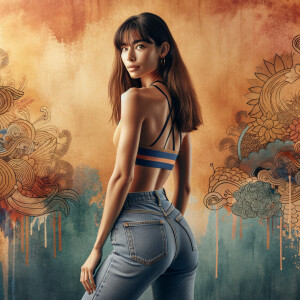 Athletic Thin skinny Attractive, Asian teenage girl, long brown hair and bangs, wearing tight skinny jeans and a halter top paint marks on her clothing, heroic pose Asian graffiti background, backside view