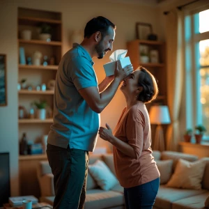 "A regular-sized man gently lifting a small adult woman so she c...