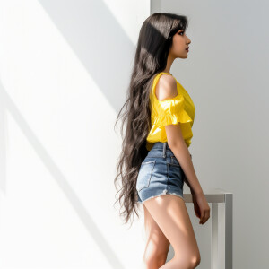 Capture the elegance of a fair-skinned woman with dark long hair...