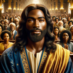 Illustrate an inspiring African-American Jesus crust with a dign...