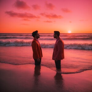 Two men sharing a kiss at the shore where the waves gently lap a...